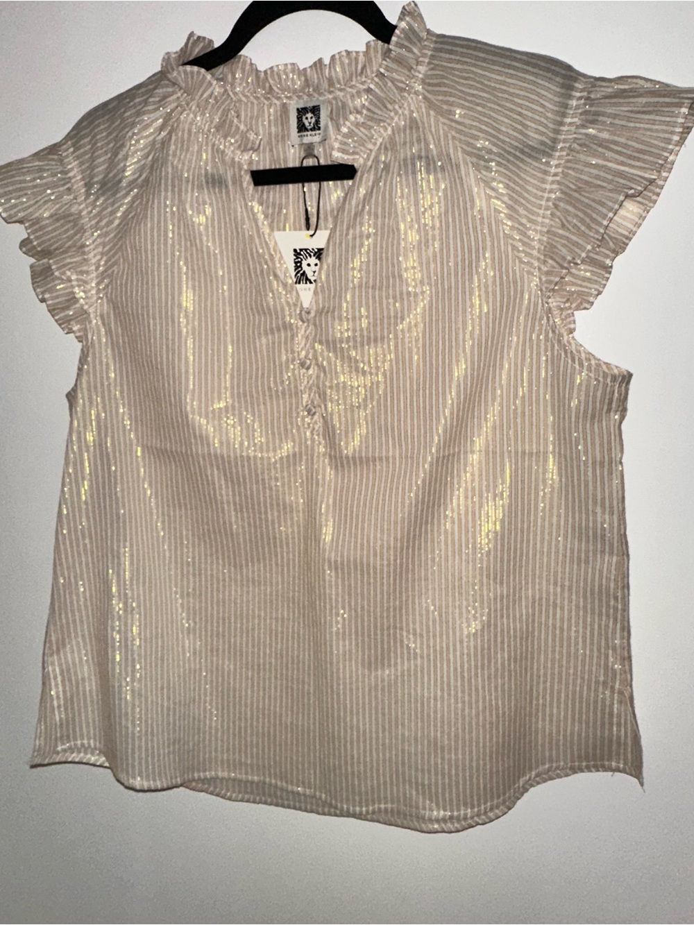 Anne Klein Ruffled Y-Neck metallic Sparkle Blouse - Cream and Gold